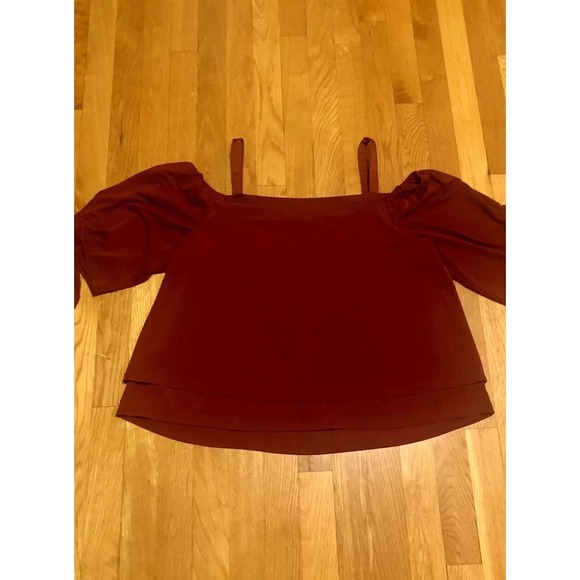 Maroon burgundy Off Shoulder Top Large Poof Tie Sleeves Boho Cottage holiday - Picture 7 of 13
